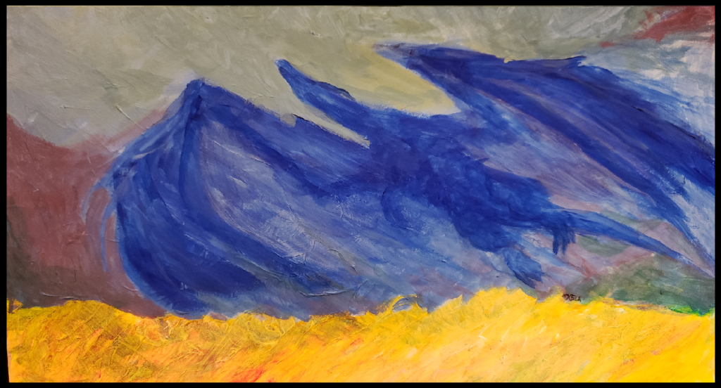 blue storm dragon above the harvest ready field of golden barley