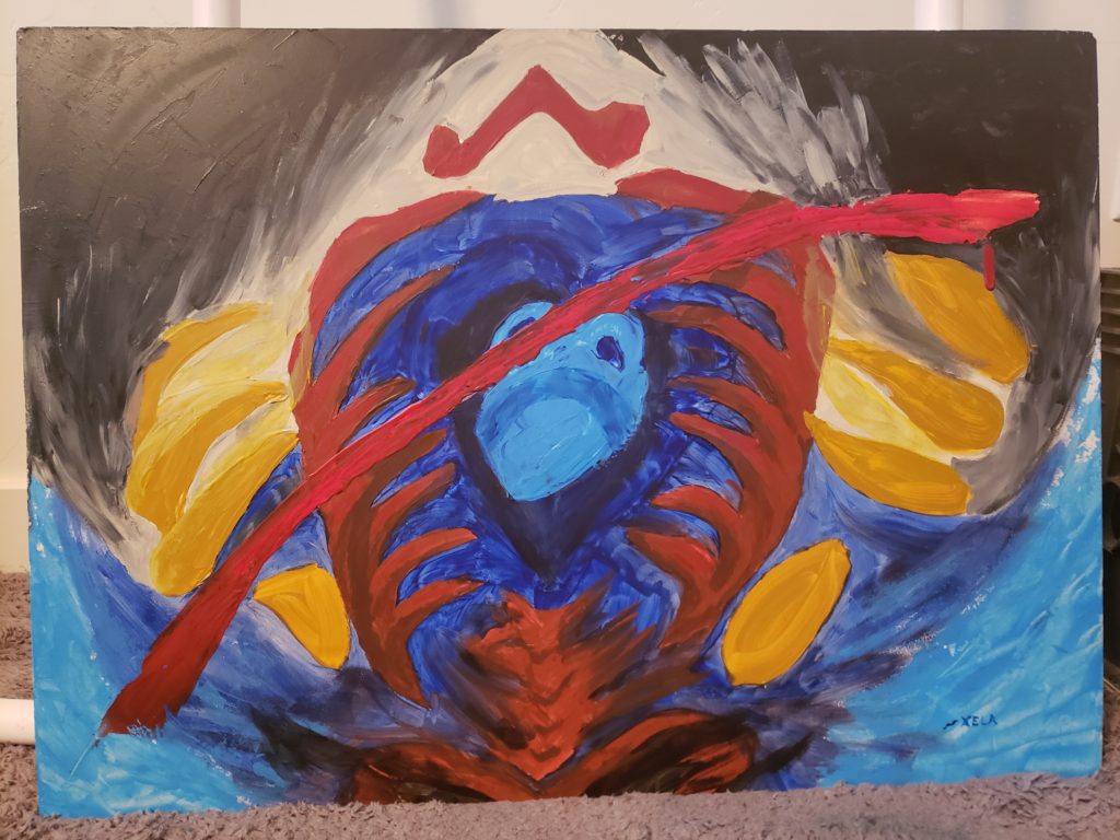 red skeleton with blue heart