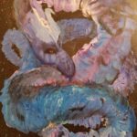 Purple and blue serpentine dragon swirls on a background of stars