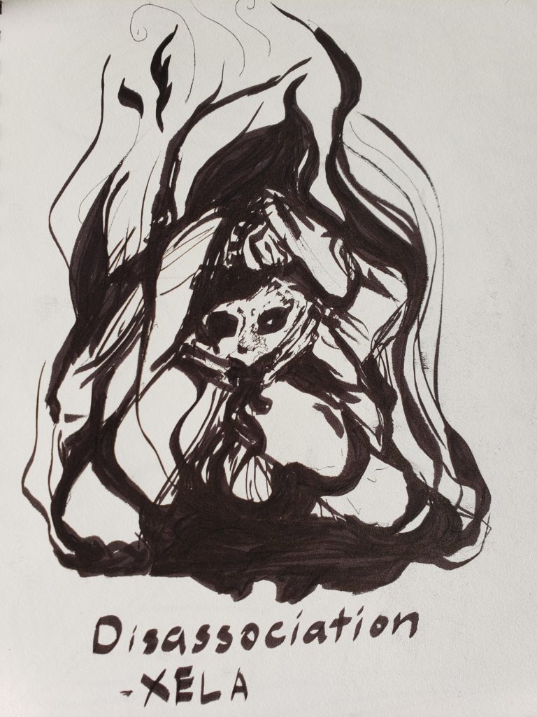 Writhing inky tendrils encompass a figure in the fetal position within