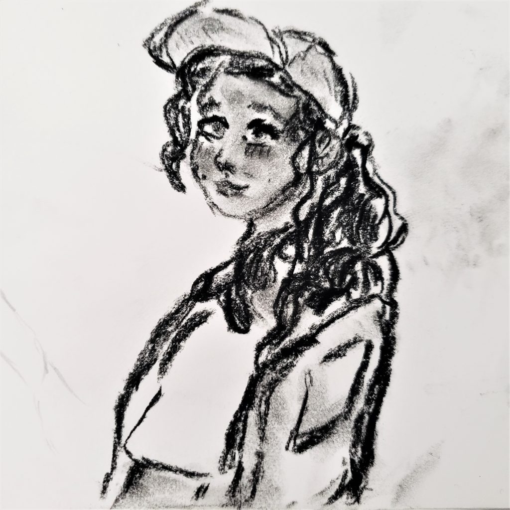 Charcoal drawing of a teen girl in a backpack
